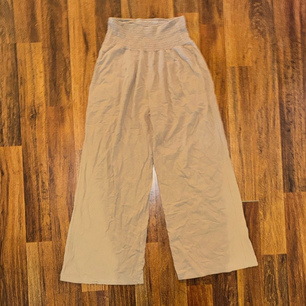Womens High Waisted Smocked Wide Leg Pants Tan Khaki Relaxed Flowy Trousers